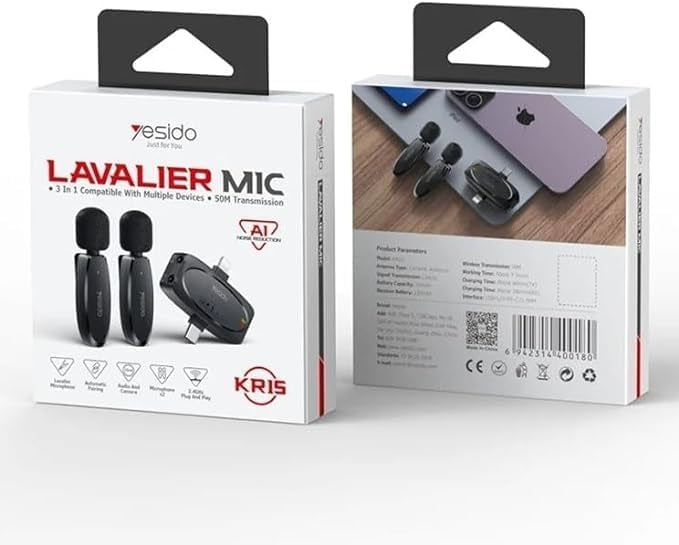 Yesido KR15 Dual Low-Latency Wireless Lavalier Microphone with 3-in-1 Receiver.